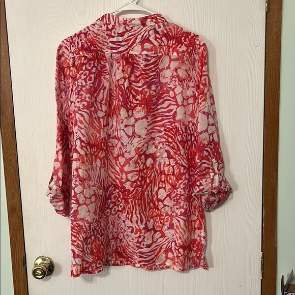 RUBY RD Vibrant Pink and Red Sheer Button-Up Blouse - Picture 2 of 6